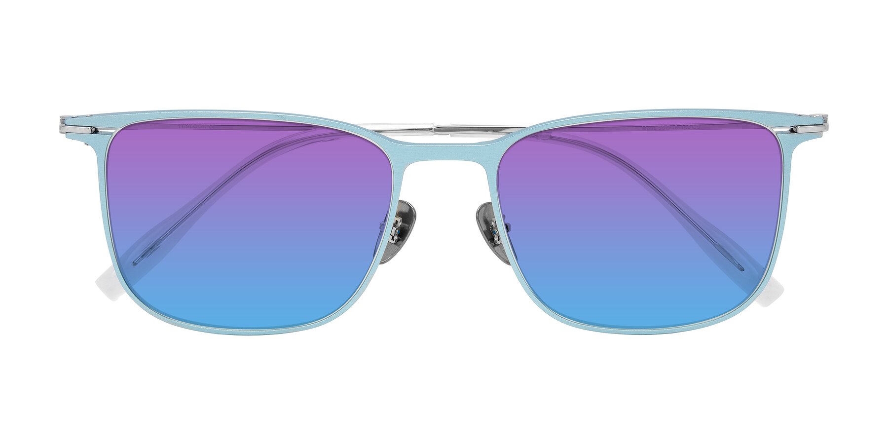 Folded Front of Moua in Pastel Blue/Silver with Purple / Blue Gradient Lenses