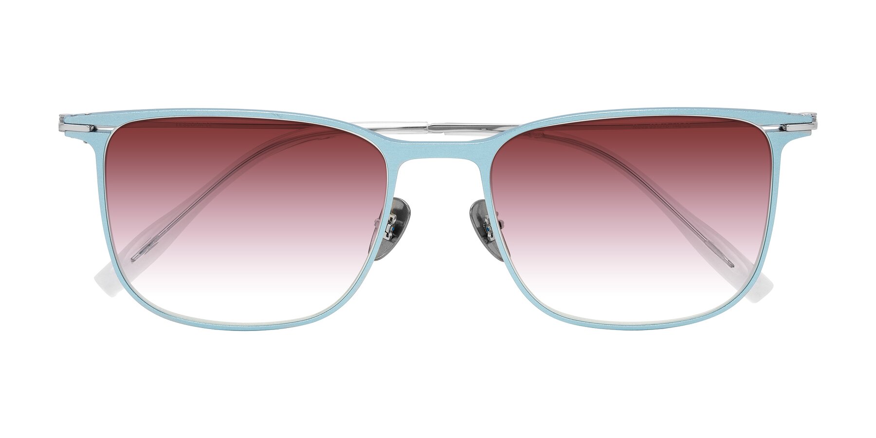 Folded Front of Moua in Pastel Blue/Silver with Garnet Gradient Lenses