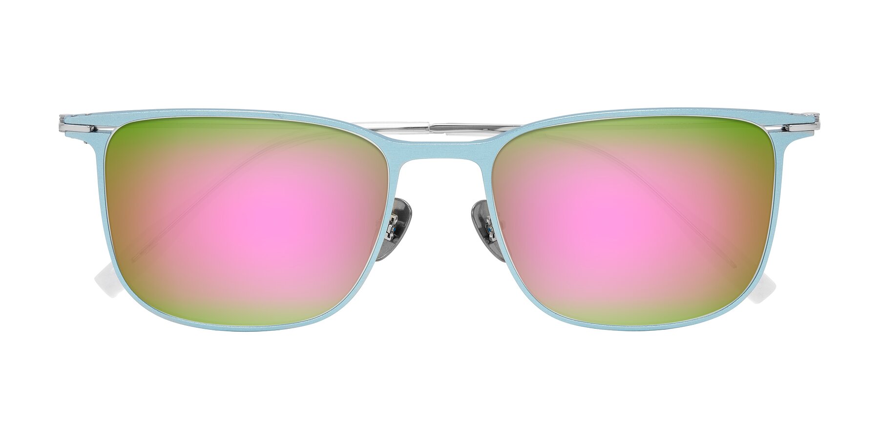 Folded Front of Moua in Pastel Blue/Silver with Pink Mirrored Lenses