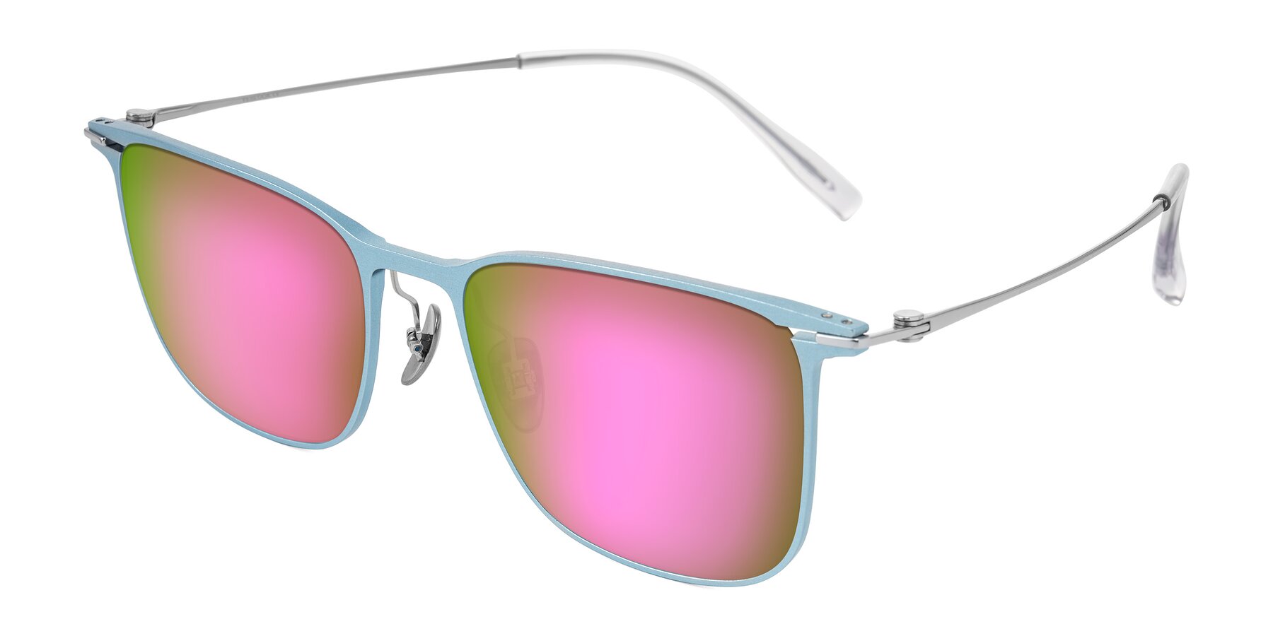 Angle of Moua in Pastel Blue/Silver with Pink Mirrored Lenses