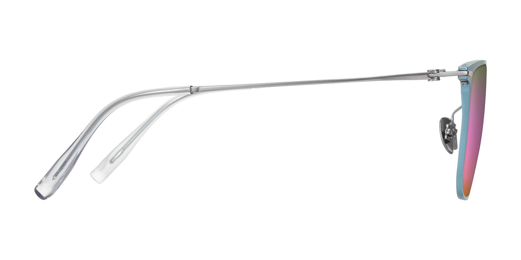 Side of Moua in Pastel Blue/Silver with Pink Mirrored Lenses