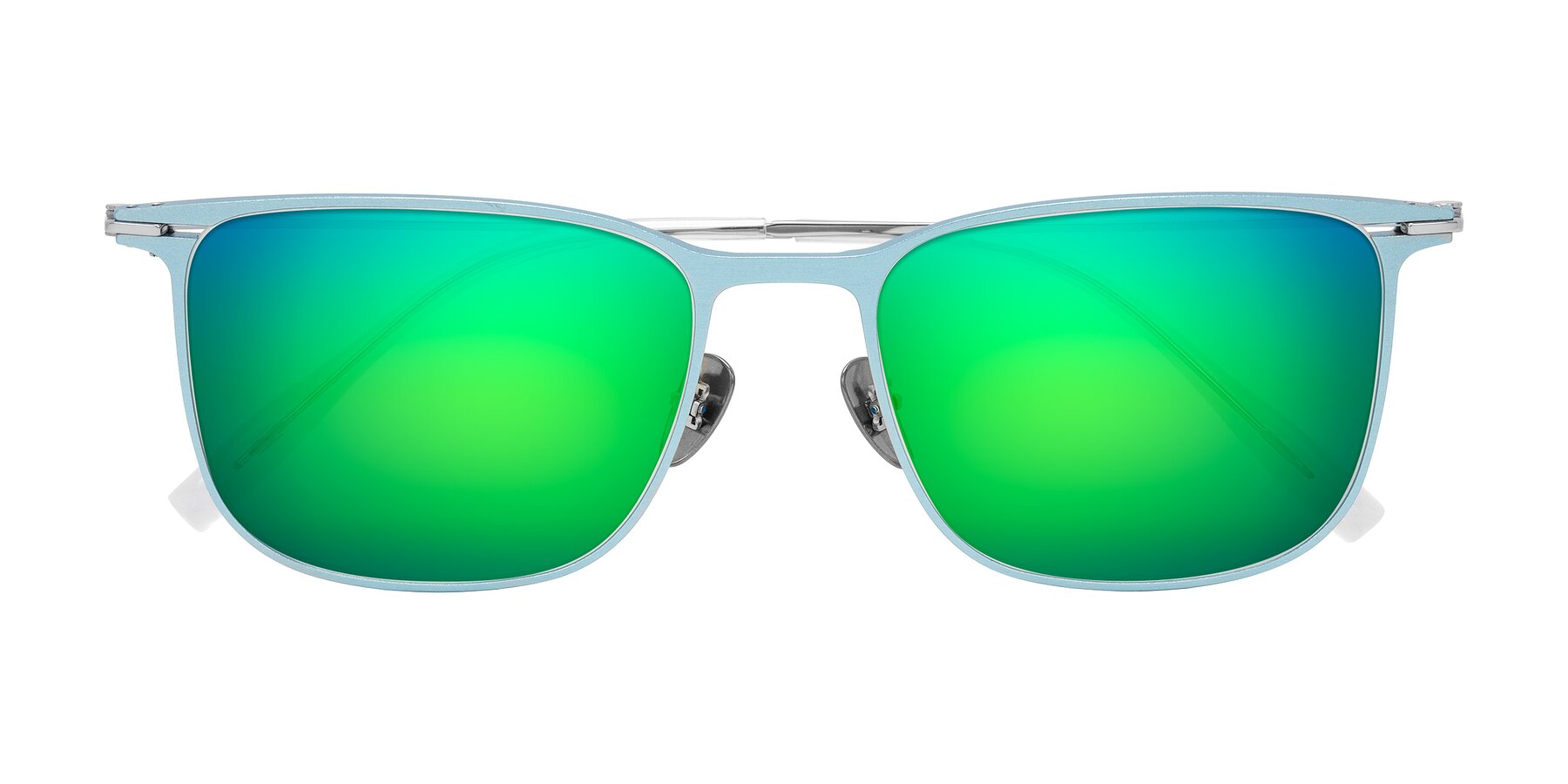 Folded Front of Moua in Pastel Blue/Silver with Green Mirrored Lenses