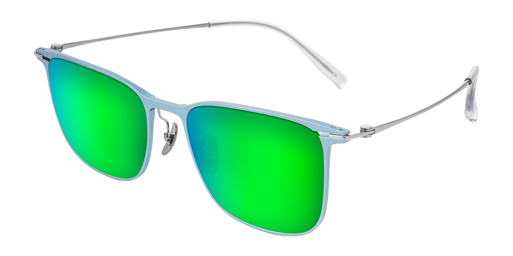 Angle of Moua in Pastel Blue/Silver with Green Mirrored Lenses