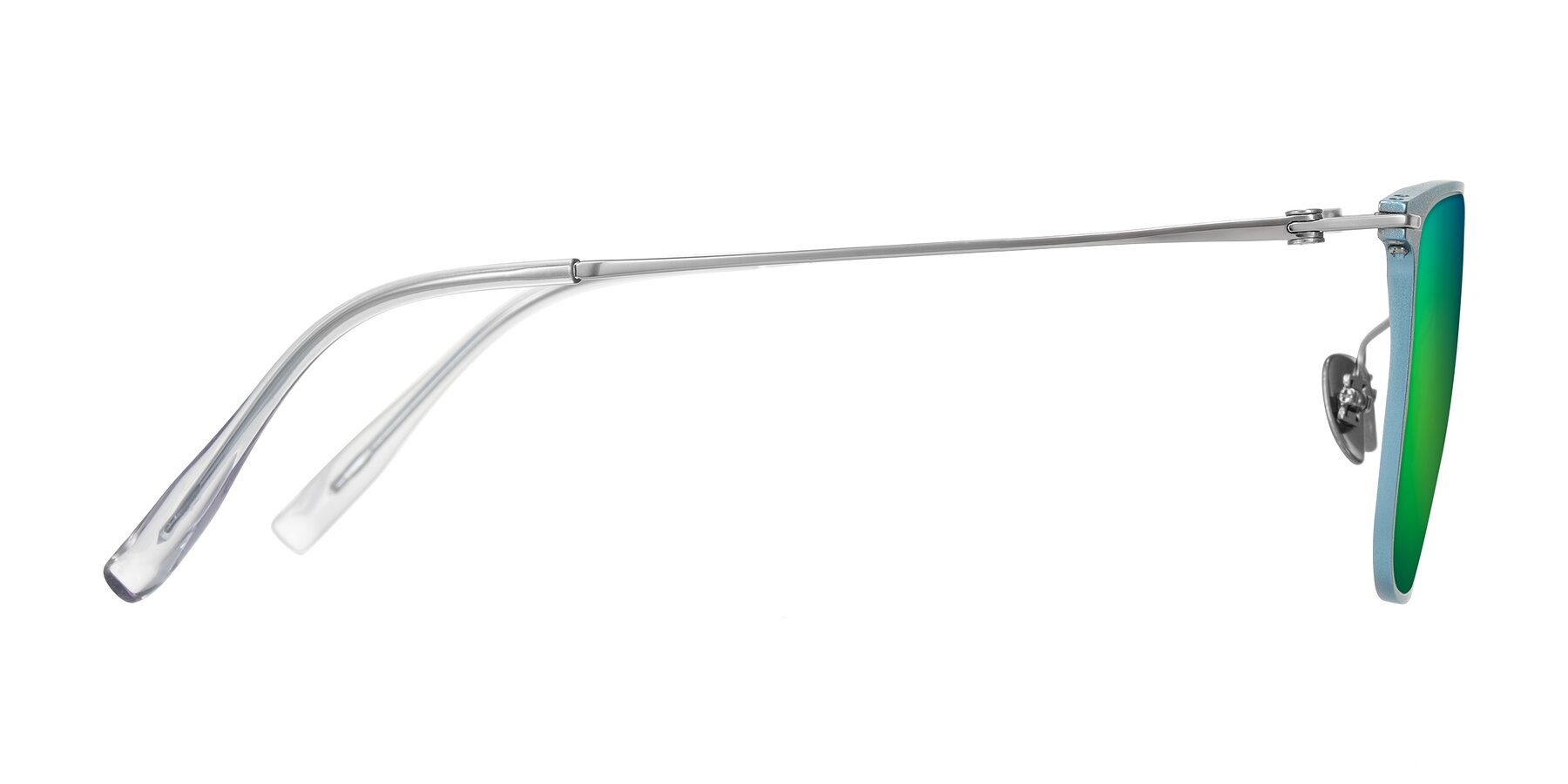 Side of Moua in Pastel Blue/Silver with Green Mirrored Lenses