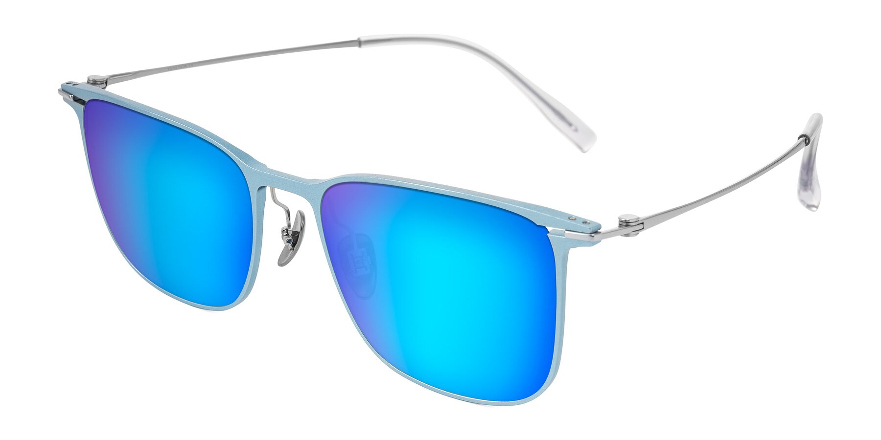 Angle of Moua in Pastel Blue/Silver with Blue Mirrored Lenses