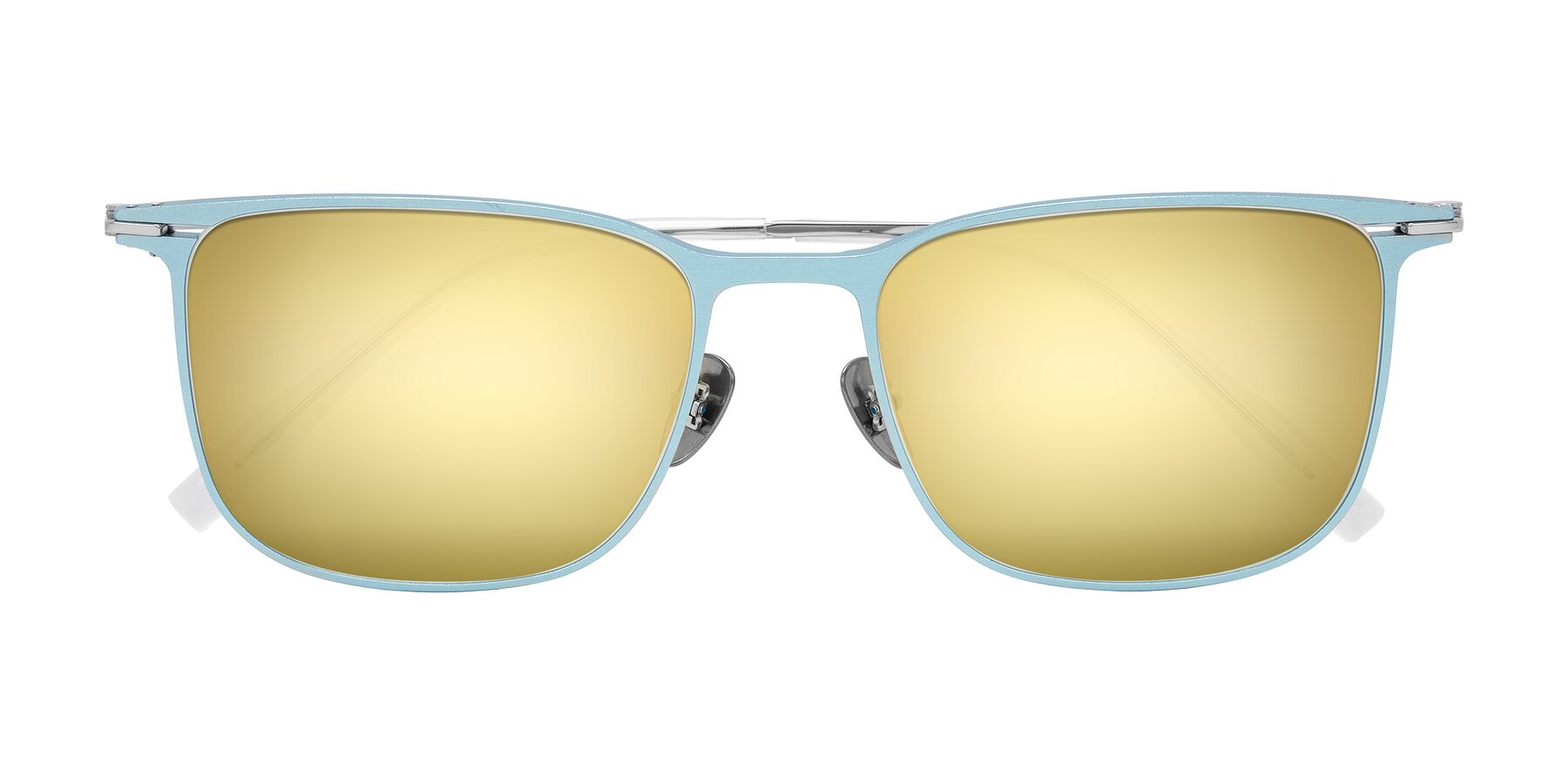 Folded Front of Moua in Pastel Blue/Silver with Gold Mirrored Lenses