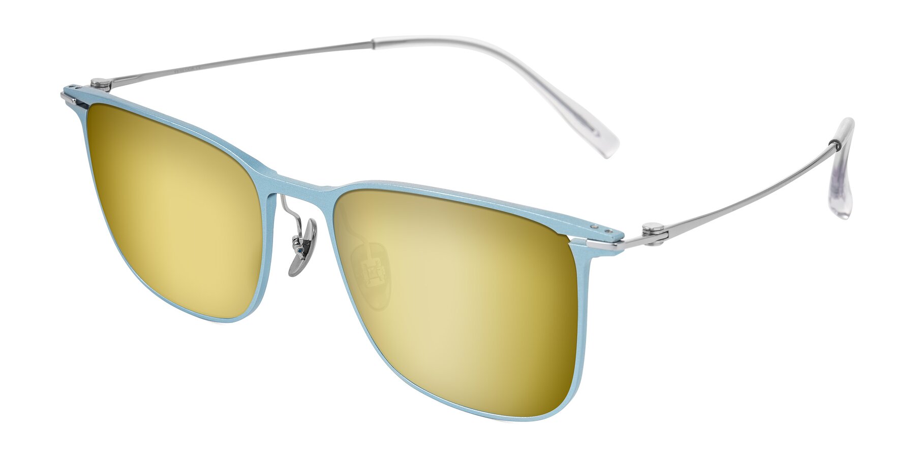 Angle of Moua in Pastel Blue/Silver with Gold Mirrored Lenses