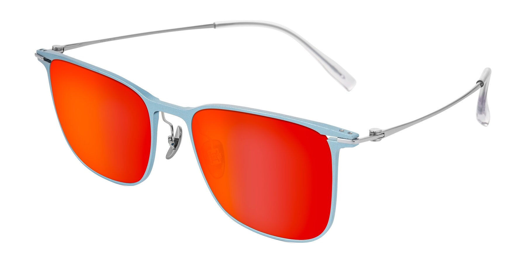 Angle of Moua in Pastel Blue/Silver with Red Gold Mirrored Lenses