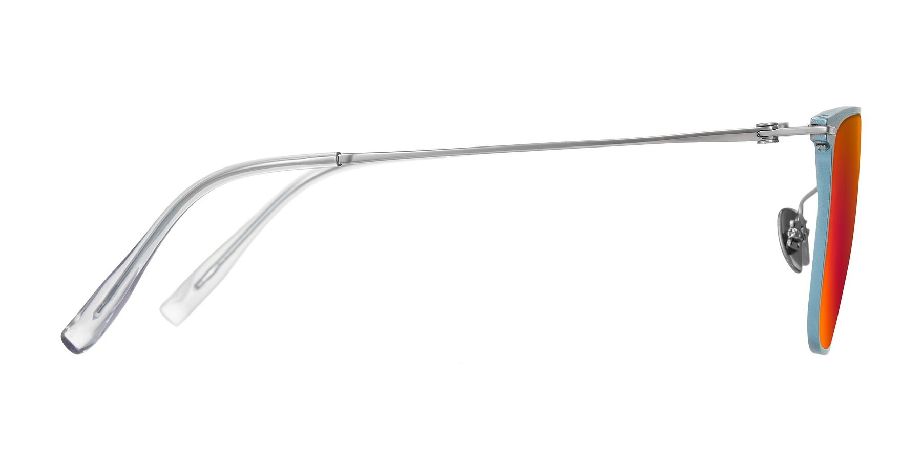 Side of Moua in Pastel Blue/Silver with Red Gold Mirrored Lenses