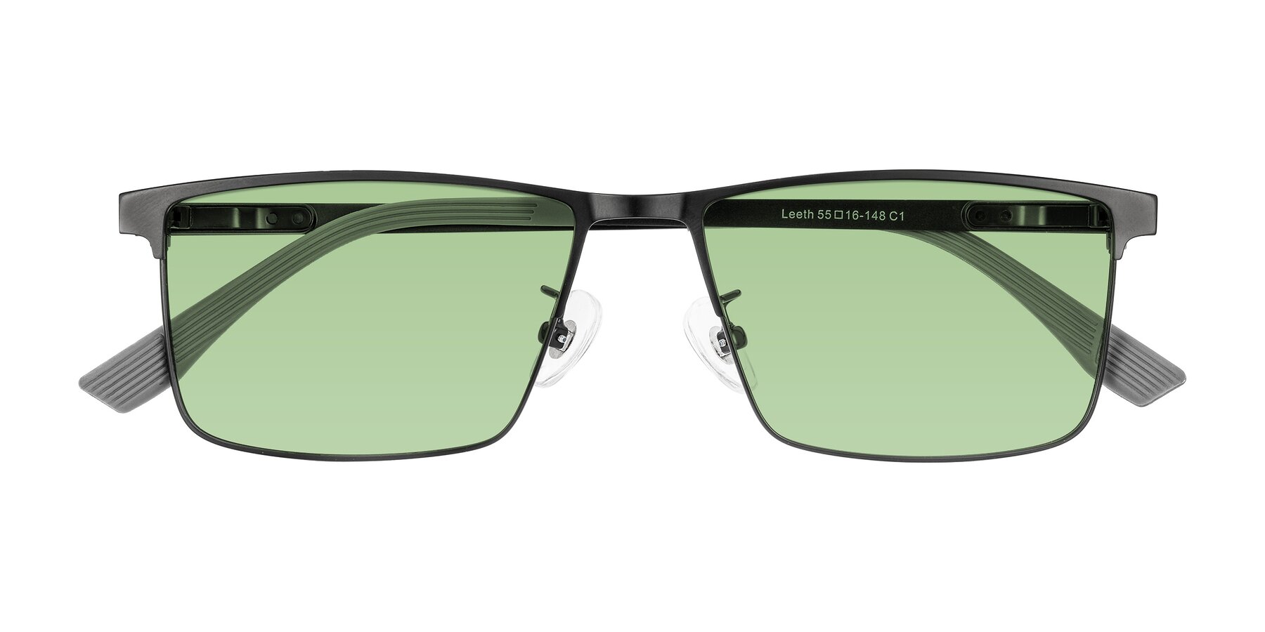 Folded Front of Leeth in Black with Medium Green Tinted Lenses
