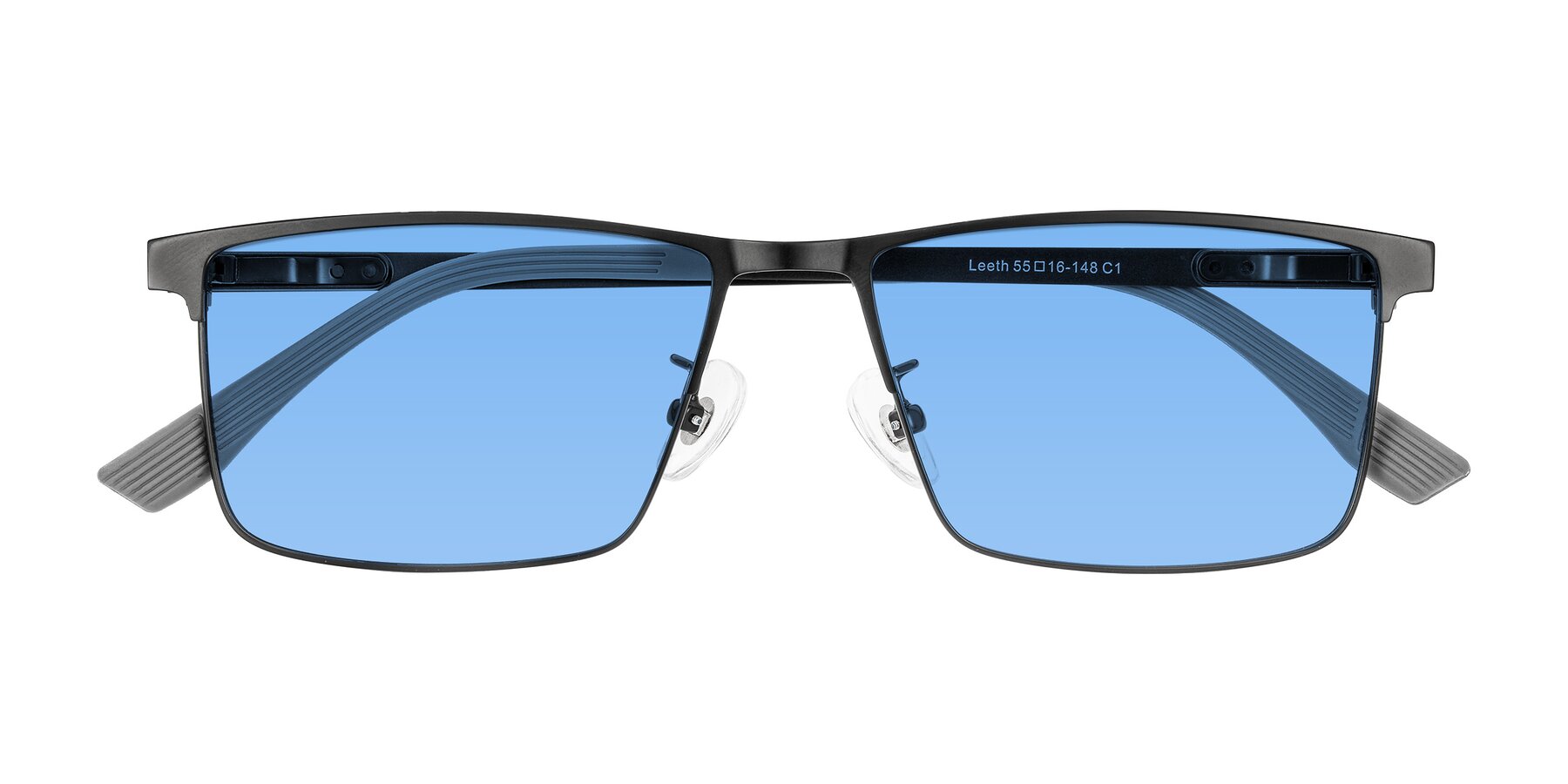 Folded Front of Leeth in Black with Medium Blue Tinted Lenses