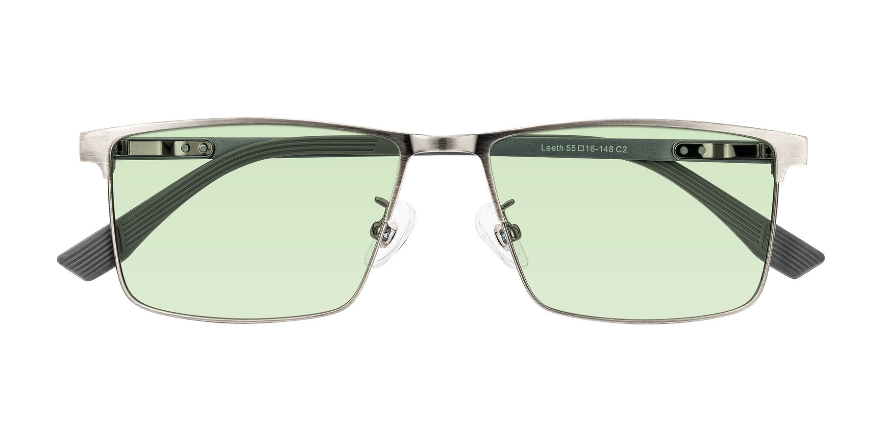 Folded Front of Leeth in Brushed Silver with Light Green Tinted Lenses