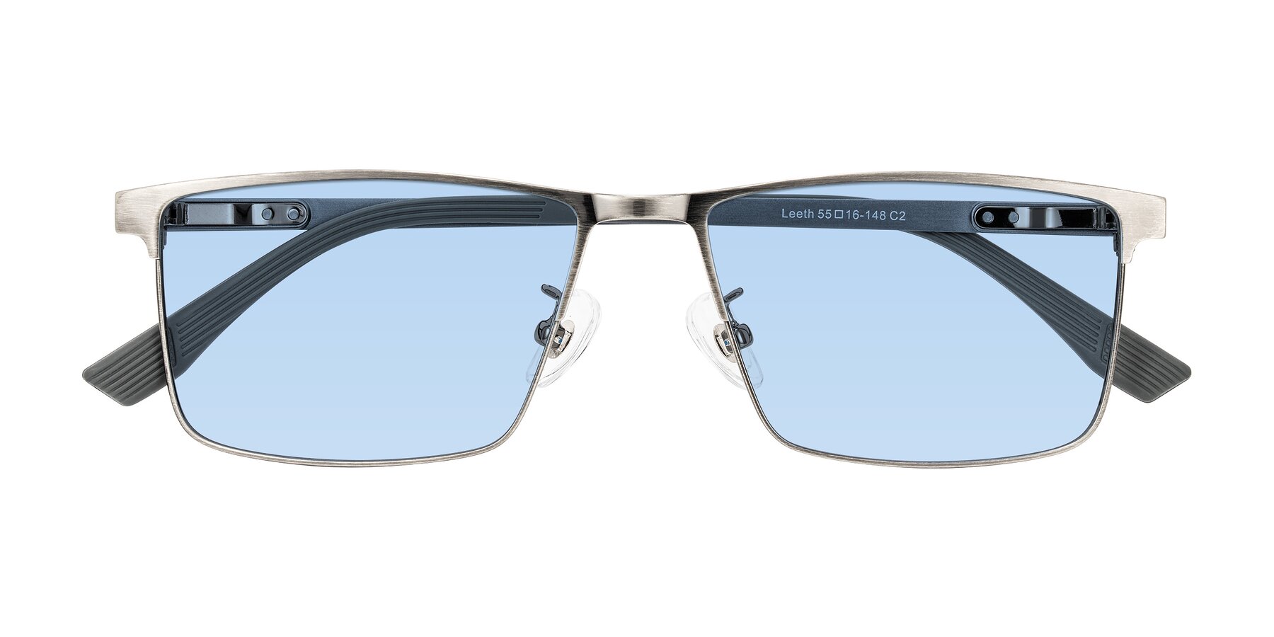 Folded Front of Leeth in Brushed Silver with Light Blue Tinted Lenses