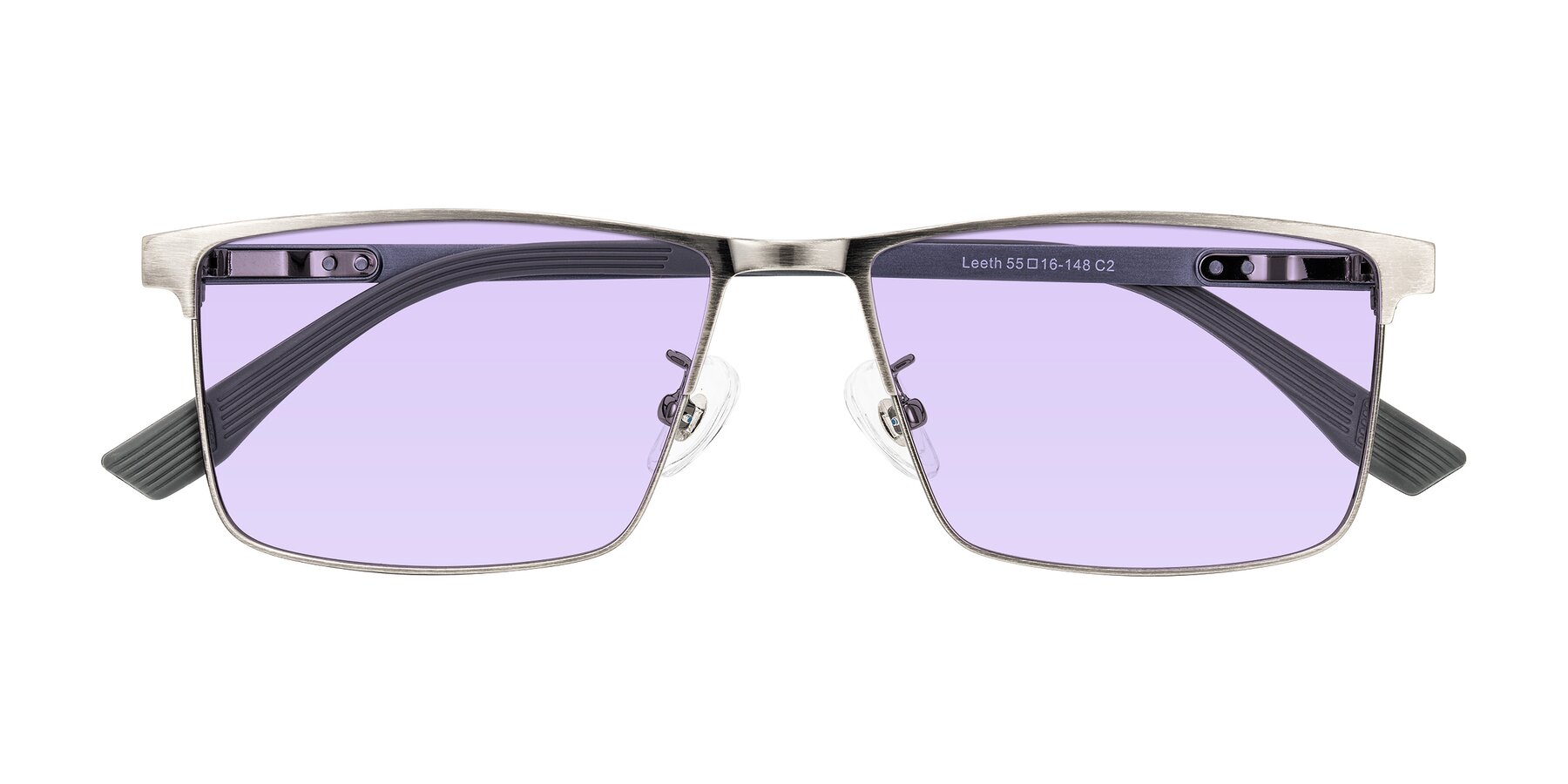 Folded Front of Leeth in Brushed Silver with Light Purple Tinted Lenses