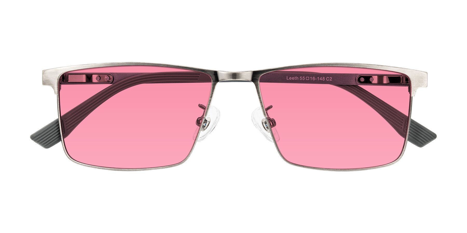 Folded Front of Leeth in Brushed Silver with Pink Tinted Lenses