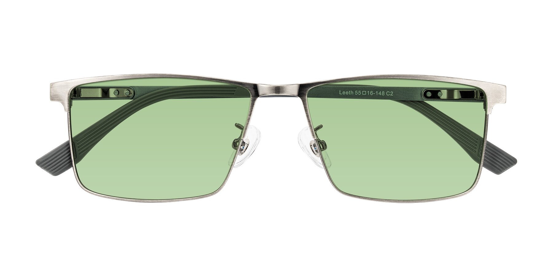 Folded Front of Leeth in Brushed Silver with Medium Green Tinted Lenses