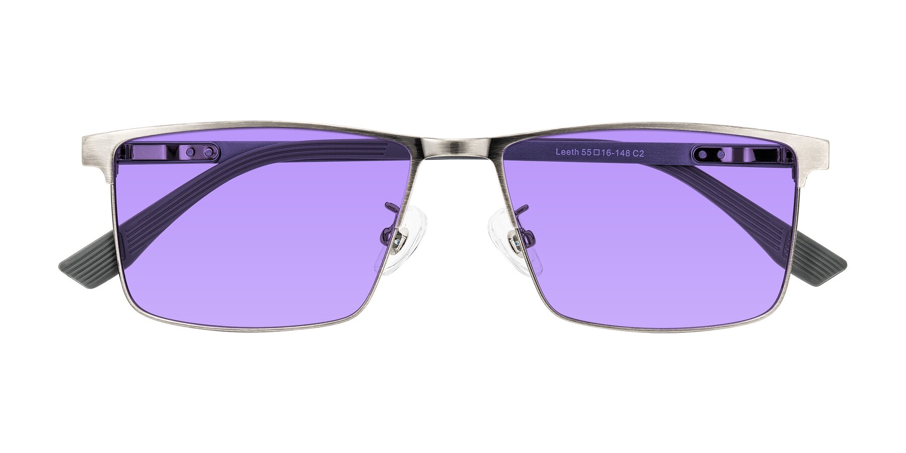 Folded Front of Leeth in Brushed Silver with Medium Purple Tinted Lenses