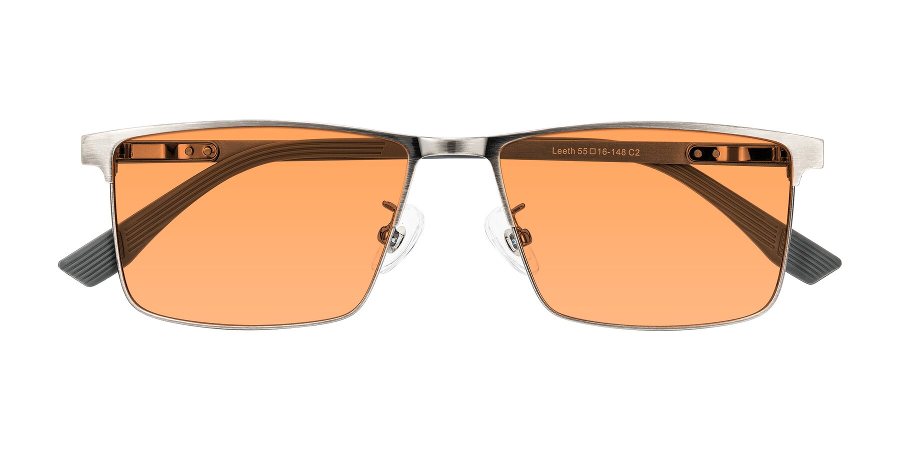 Folded Front of Leeth in Brushed Silver with Medium Orange Tinted Lenses