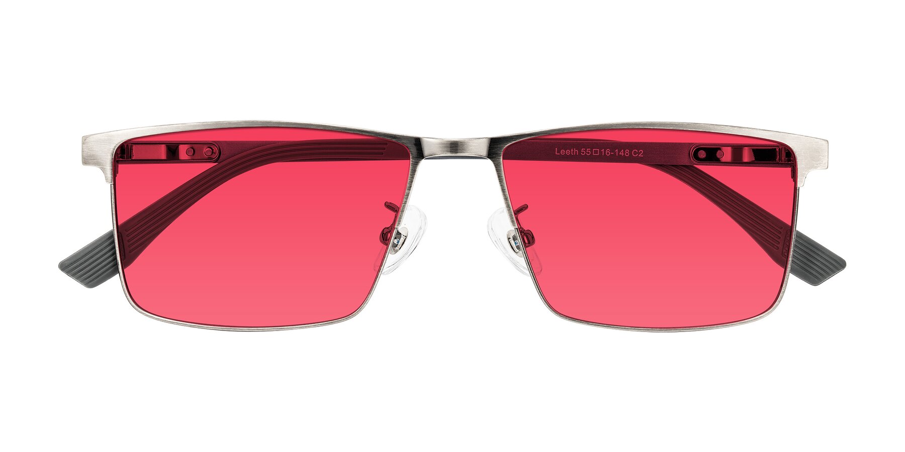 Folded Front of Leeth in Brushed Silver with Red Tinted Lenses