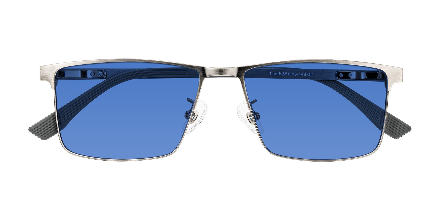 Folded Front of Leeth in Brushed Silver with Blue Tinted Lenses