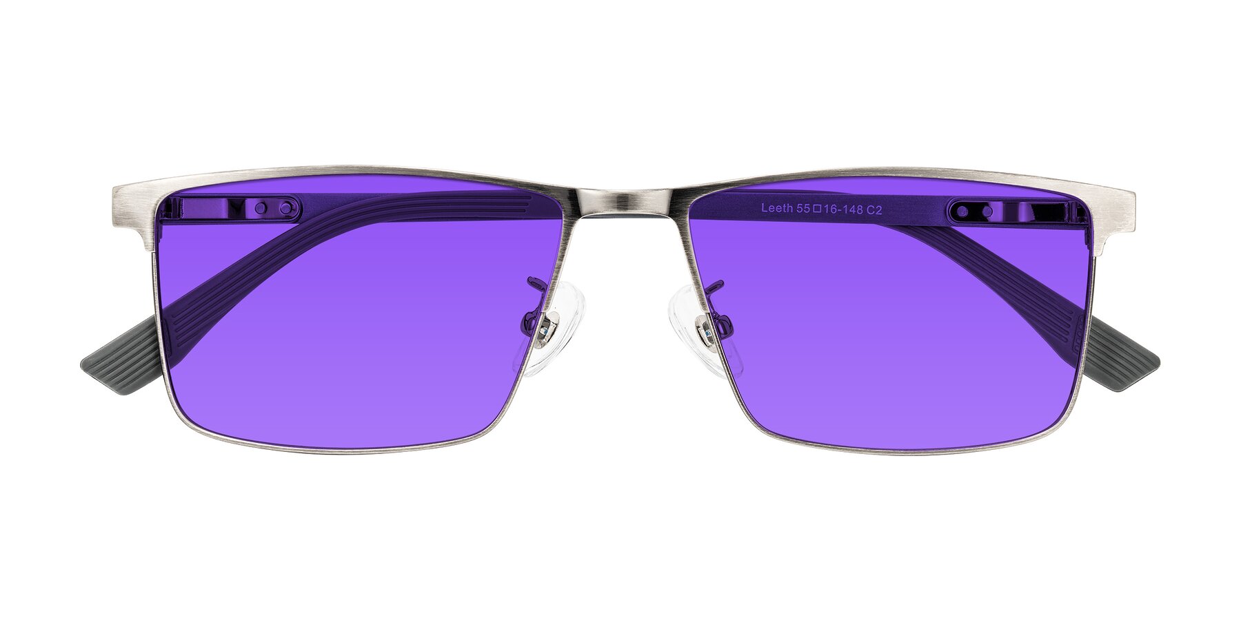 Folded Front of Leeth in Brushed Silver with Purple Tinted Lenses