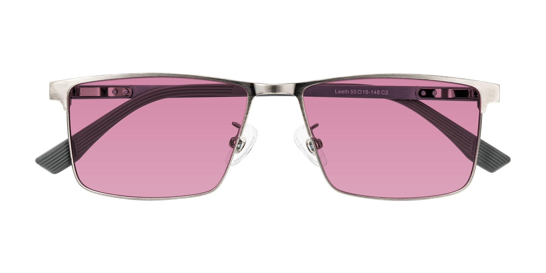 Folded Front of Leeth in Brushed Silver with Medium Wine Tinted Lenses
