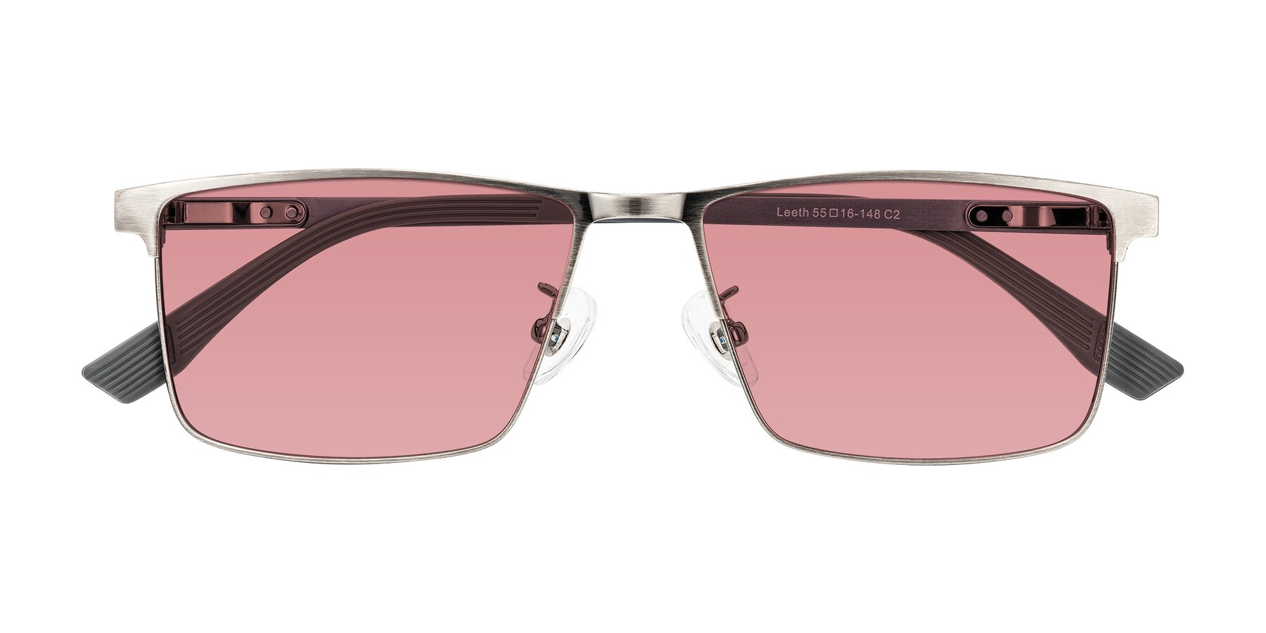 Folded Front of Leeth in Brushed Silver with Medium Garnet Tinted Lenses