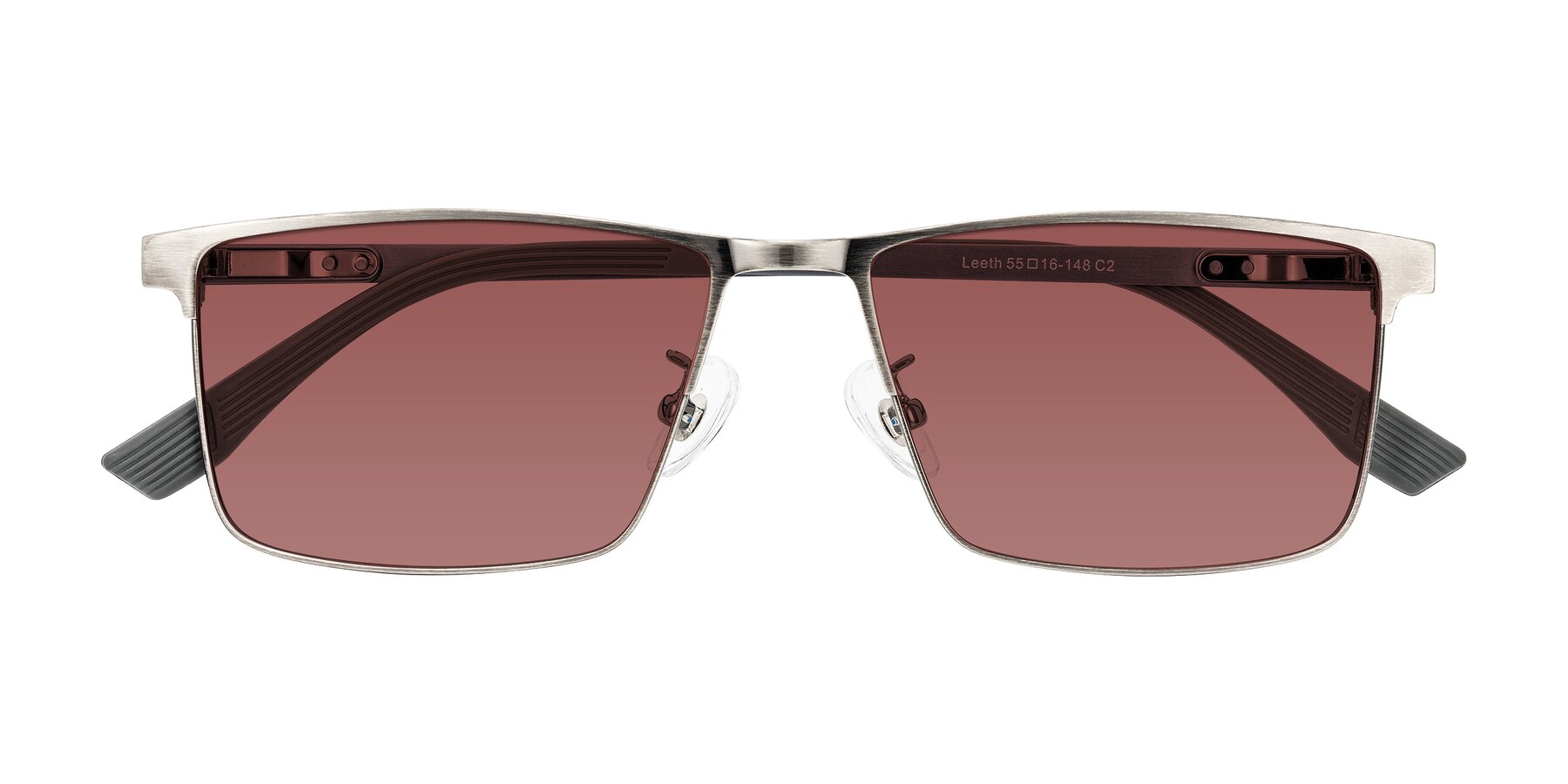 Folded Front of Leeth in Brushed Silver with Garnet Tinted Lenses