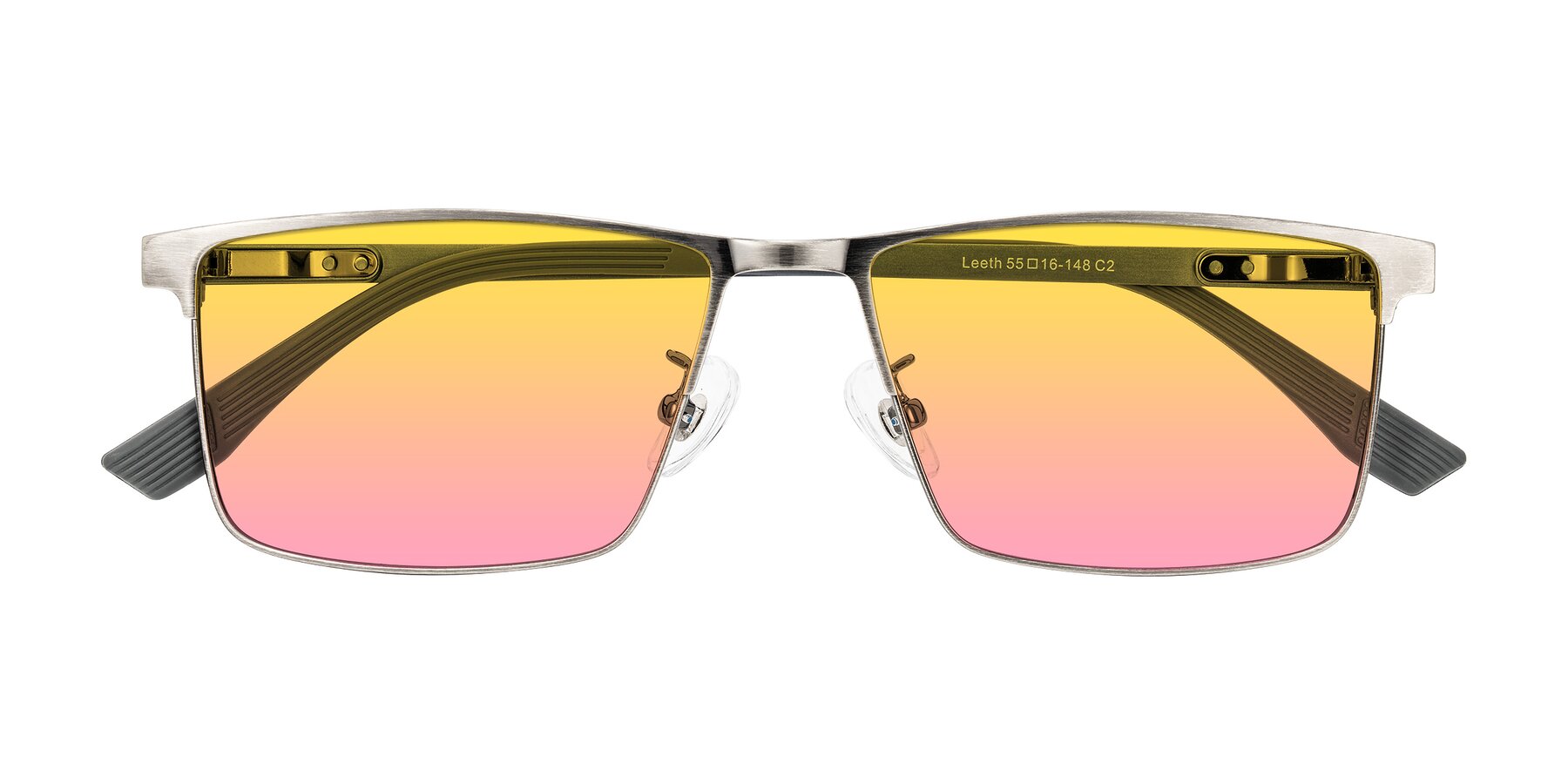 Folded Front of Leeth in Brushed Silver with Yellow / Pink Gradient Lenses