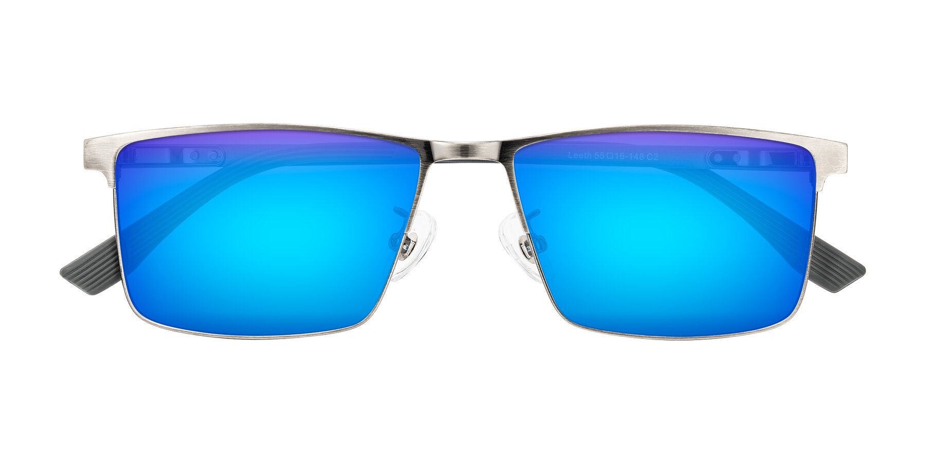 Folded Front of Leeth in Brushed Silver with Blue Mirrored Lenses