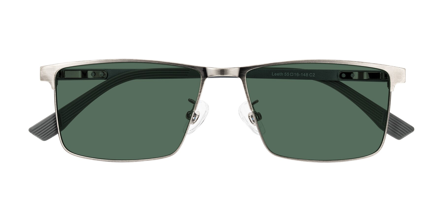 Folded Front of Leeth in Brushed Silver with Green Polarized Lenses