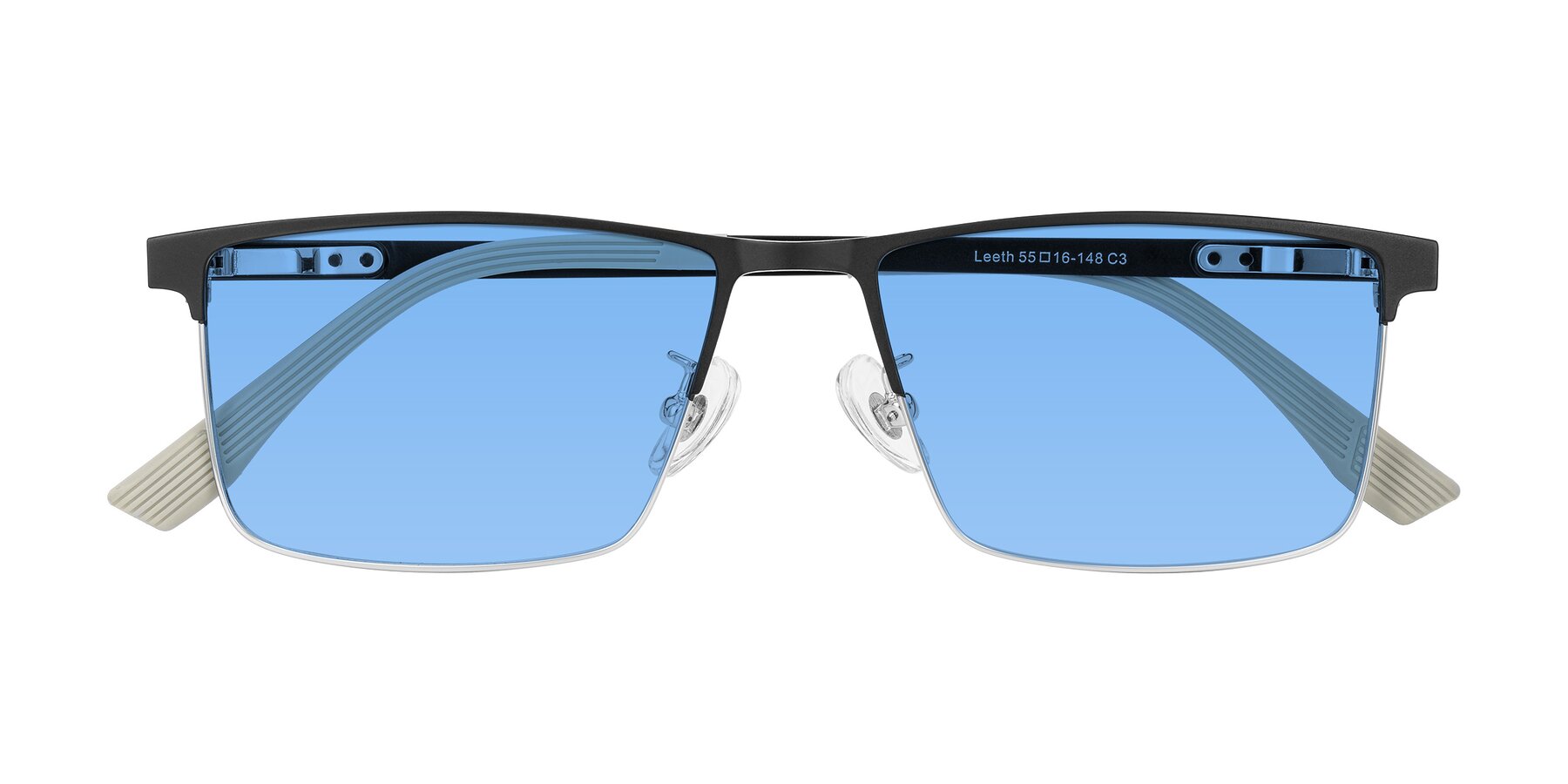 Folded Front of Leeth in Dark Gray/Silver with Medium Blue Tinted Lenses