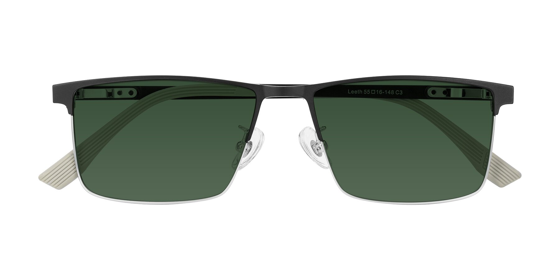 Folded Front of Leeth in Dark Gray/Silver with Green Tinted Lenses