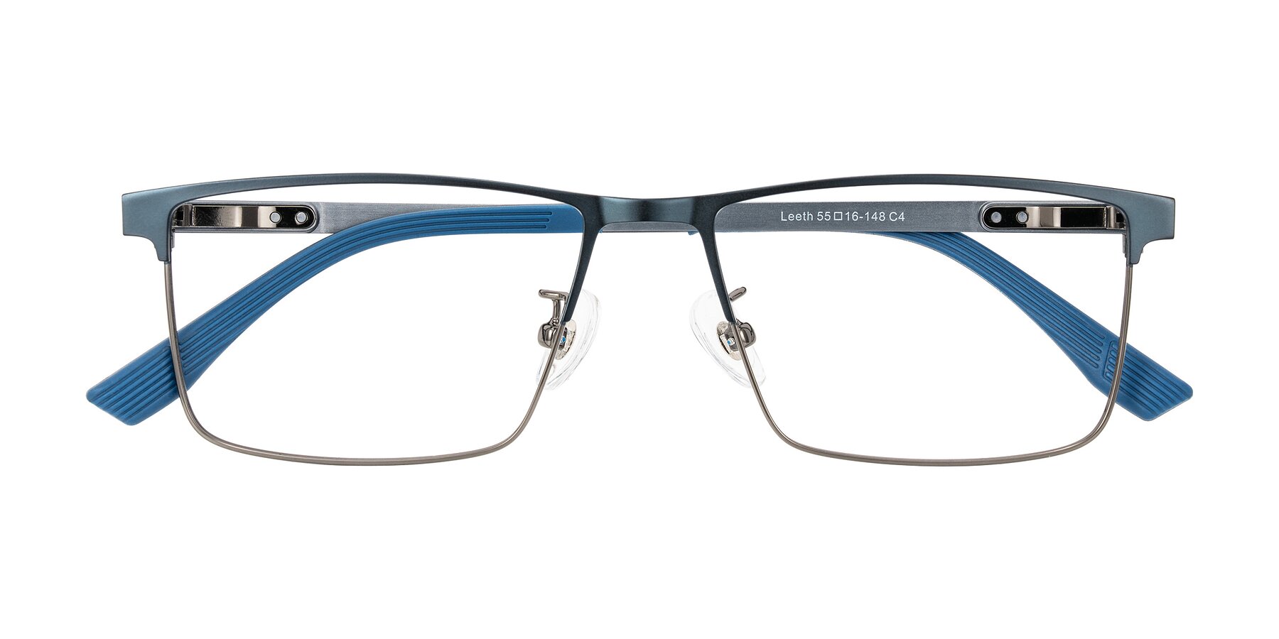 Folded Front of Leeth in Blue/Gunmetal with Clear Eyeglass Lenses