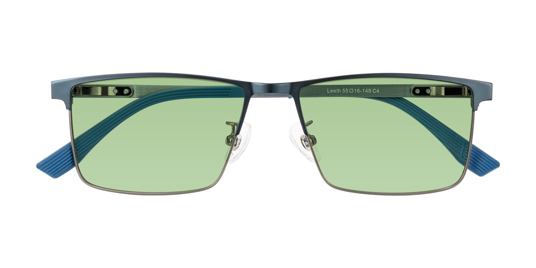Folded Front of Leeth in Blue/Gunmetal with Medium Green Tinted Lenses