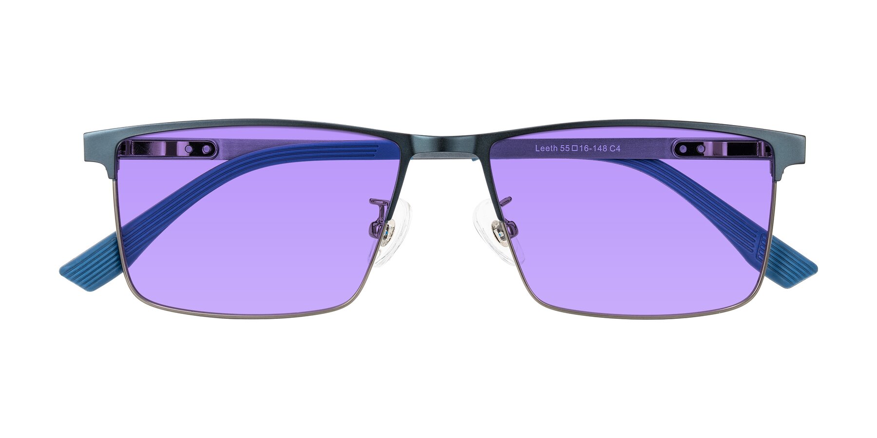 Folded Front of Leeth in Blue/Gunmetal with Medium Purple Tinted Lenses