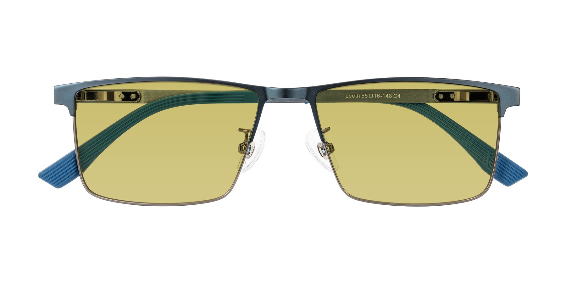 Folded Front of Leeth in Blue/Gunmetal with Medium Champagne Tinted Lenses