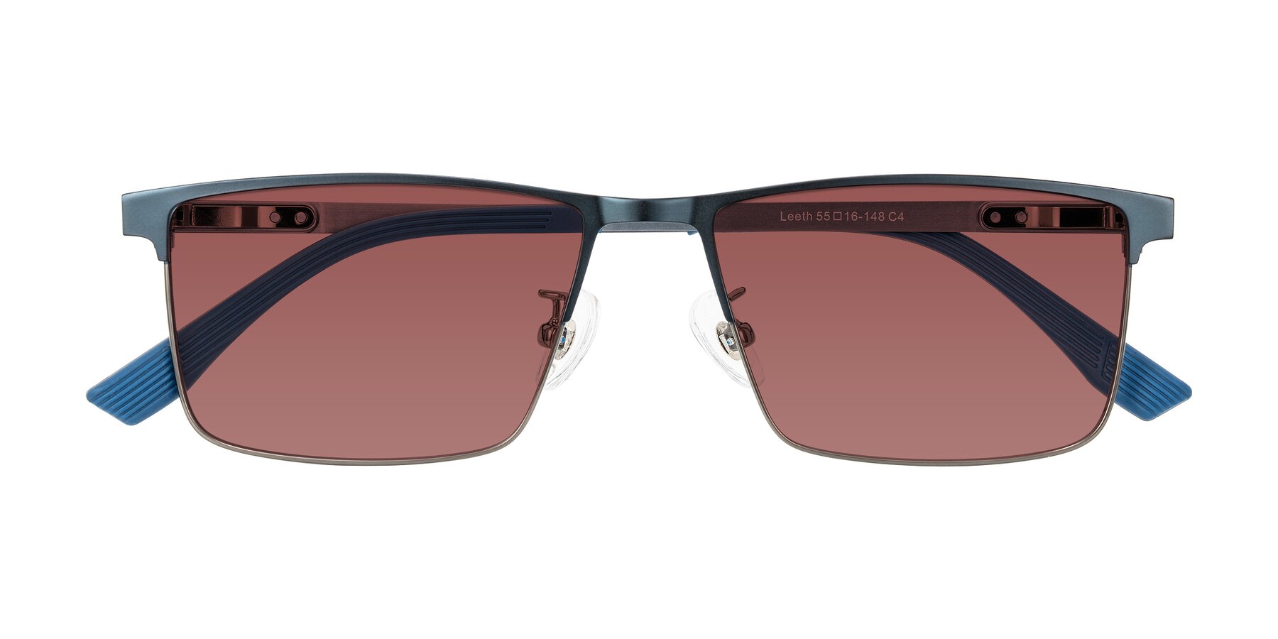 Folded Front of Leeth in Blue/Gunmetal with Garnet Tinted Lenses