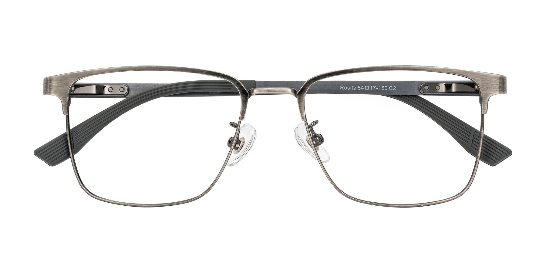 Folded Front of Rosita in Brushed Silver with Clear Eyeglass Lenses
