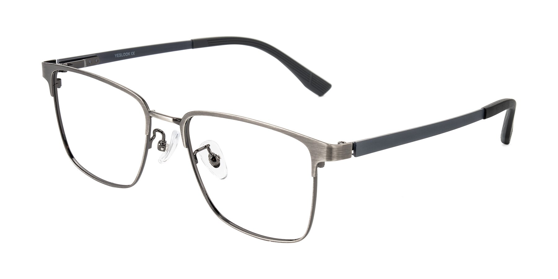 Angle of Rosita in Brushed Silver with Clear Eyeglass Lenses