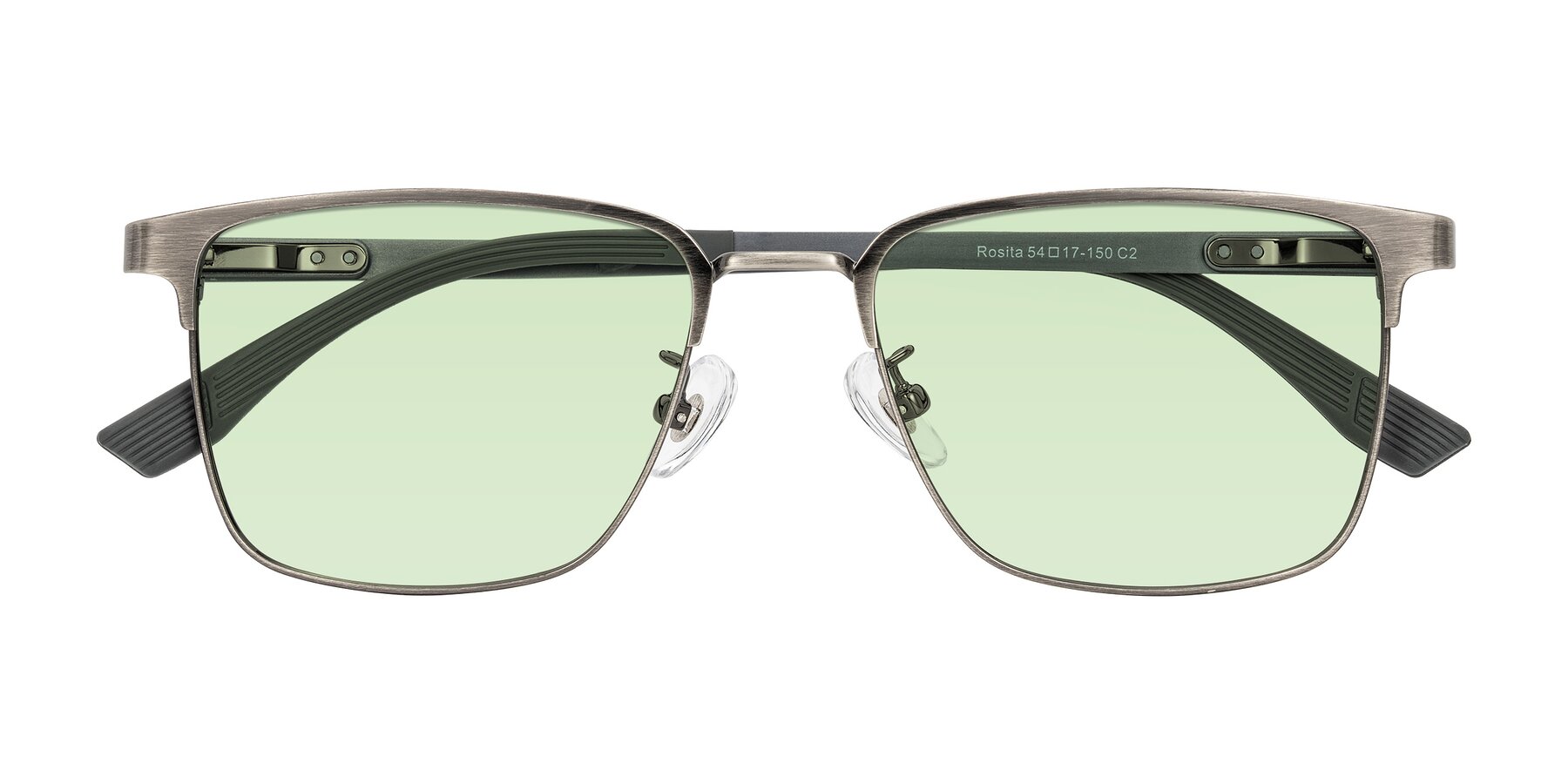 Folded Front of Rosita in Brushed Silver with Light Green Tinted Lenses