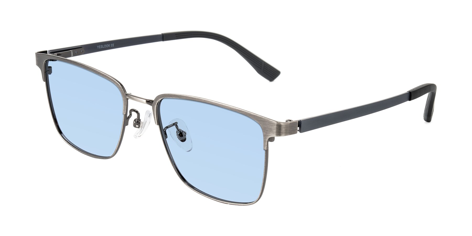 Angle of Rosita in Brushed Silver with Light Blue Tinted Lenses