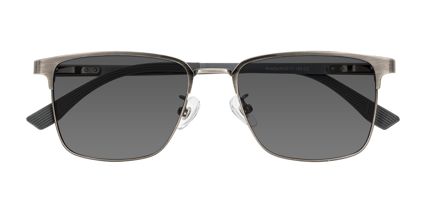 Folded Front of Rosita in Brushed Silver with Medium Gray Tinted Lenses
