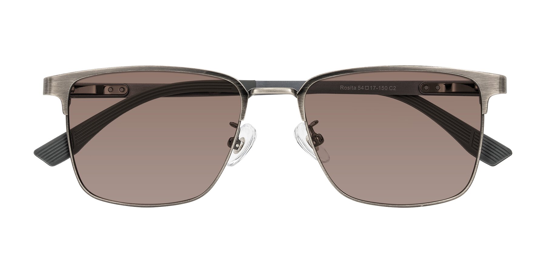 Folded Front of Rosita in Brushed Silver with Medium Brown Tinted Lenses