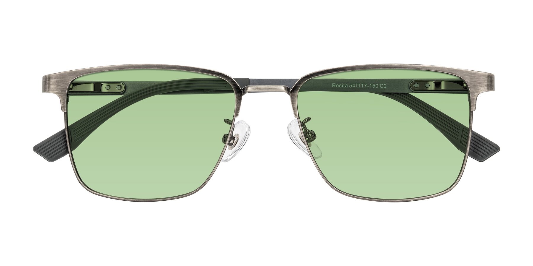 Folded Front of Rosita in Brushed Silver with Medium Green Tinted Lenses