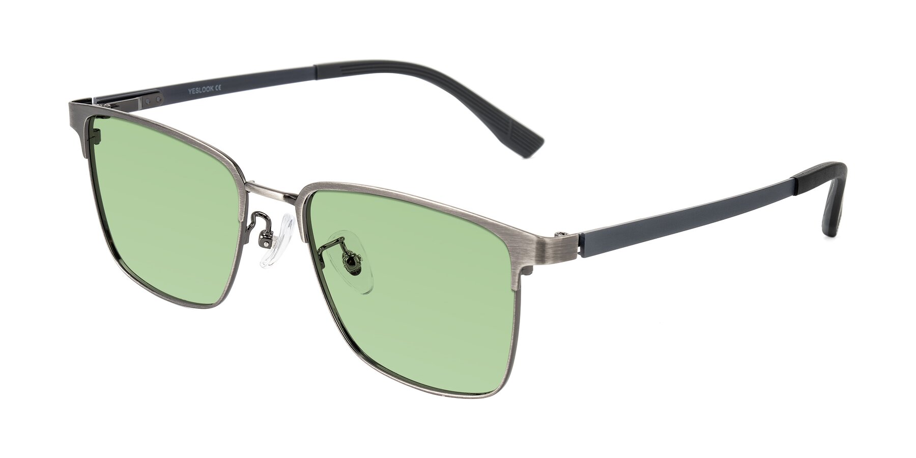 Angle of Rosita in Brushed Silver with Medium Green Tinted Lenses
