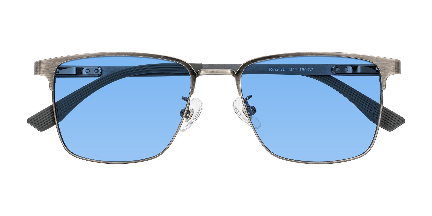 Folded Front of Rosita in Brushed Silver with Medium Blue Tinted Lenses