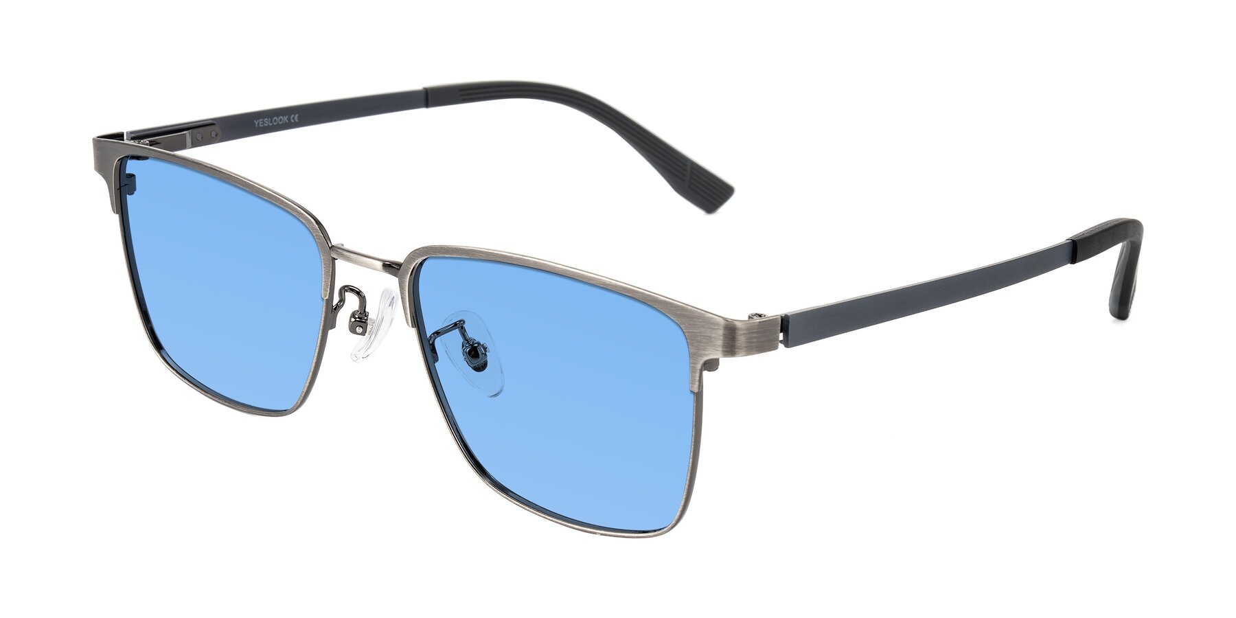Angle of Rosita in Brushed Silver with Medium Blue Tinted Lenses