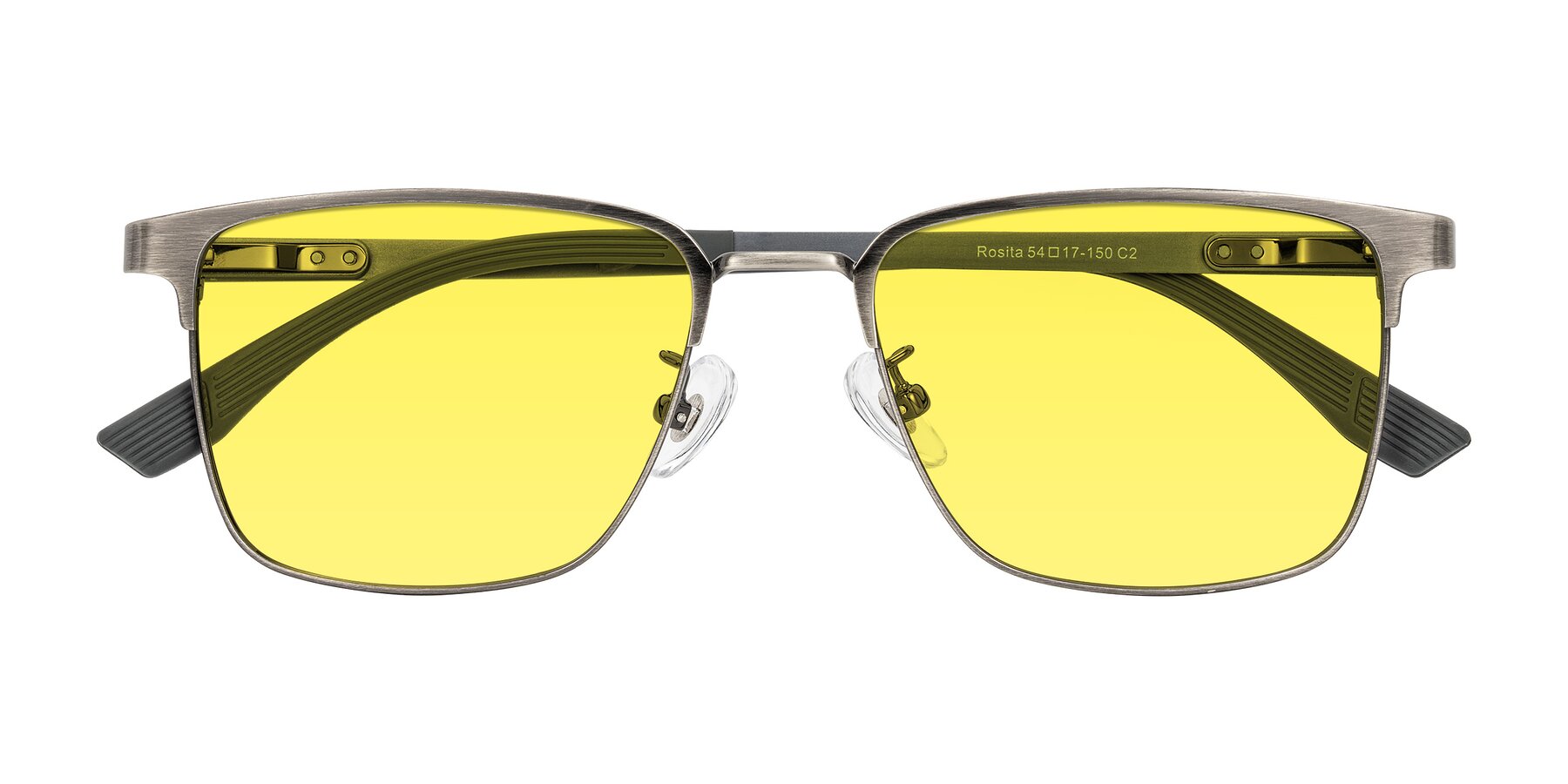 Folded Front of Rosita in Brushed Silver with Medium Yellow Tinted Lenses