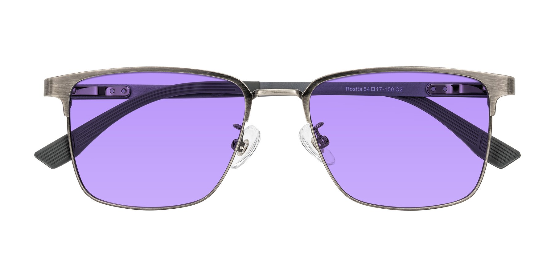 Folded Front of Rosita in Brushed Silver with Medium Purple Tinted Lenses